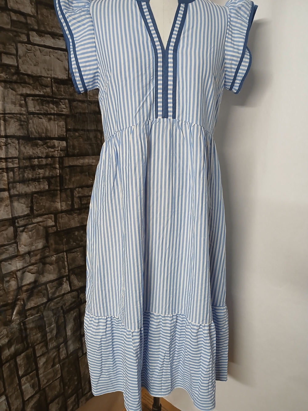 Blue and White Striped Maxi Dress with Contrast Trim